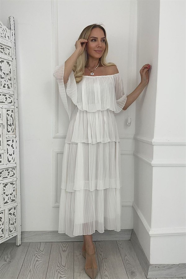 G0193 Piliseli Şifon Tasarım Elbise Beyaz