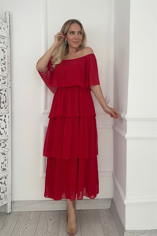 G0193 Piliseli Şifon Tasarım Elbise Kırmızı
