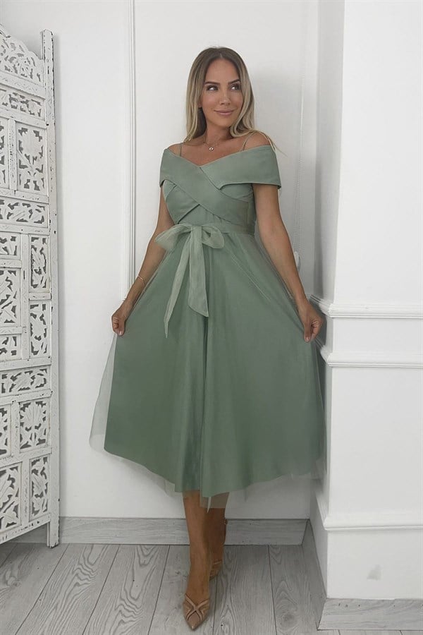 G0277 Askılı Tül Tasarım Elbise Mint