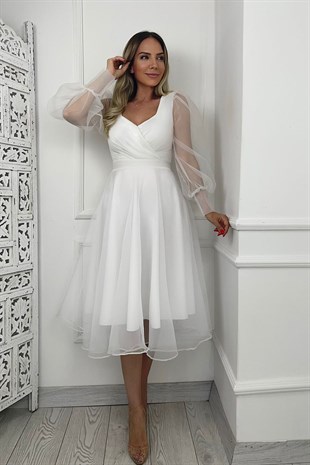 G0022 Tül Tasarım Elbise Beyaz