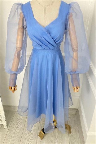 G0022 Yaka Detaylı Tasarım Elbise Mavi