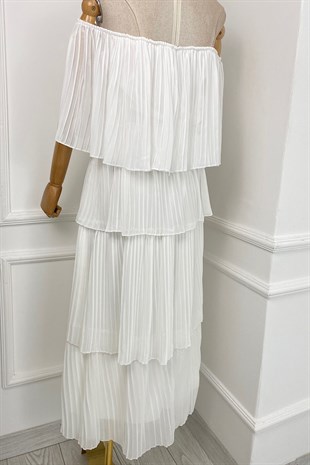 G0193 Piliseli Şifon Tasarım Elbise Beyaz