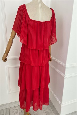 G0193 Piliseli Şifon Tasarım Elbise Kırmızı
