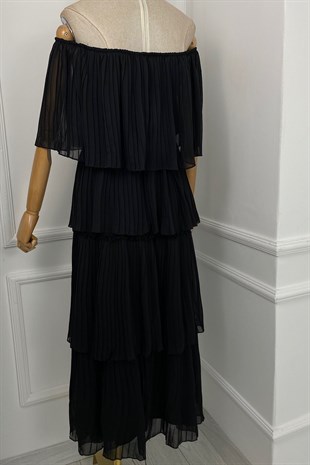 G0193 Piliseli Şifon Tasarım Elbise Siyah