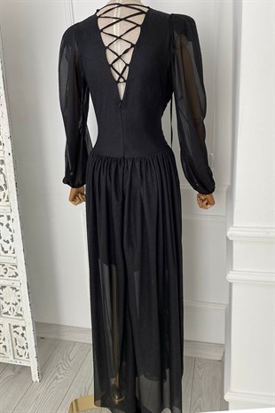 G0196 Bel Detaylı Simli Maksi Tasarım Elbise Siyah