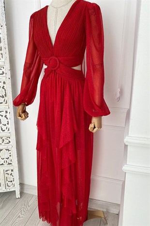 G0196 Bel Detaylı Simli Maksi Tasarım Elbise Kırmızı