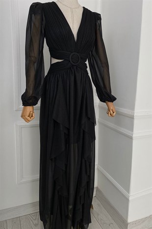 G0196 Bel Detaylı Simli Maksi Tasarım Elbise Siyah