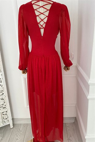 G0196 Bel Detaylı Simli Maksi Tasarım Elbise Kırmızı