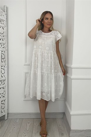 G0216 Volan Detaylı Fisto Elbise Beyaz