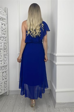 G0236 Zincir Detaylı Fırfırlı Şifon Elbise Mavi