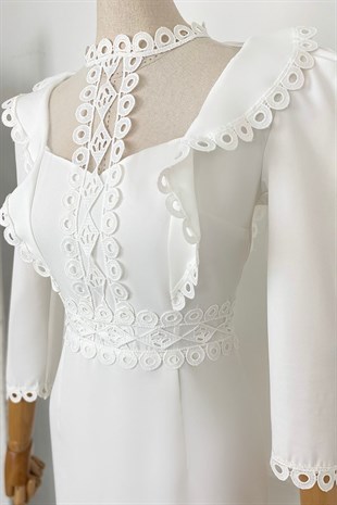 G0256 Güpür ve Tül Detaylı Kalem Elbise Beyaz