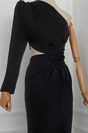 G0262 Tek Omuz Drape Detaylı Tasarım Elbise Siyah