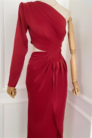 G0262 Tek Omuz Drape Detaylı Tasarım Elbise Kırmızı