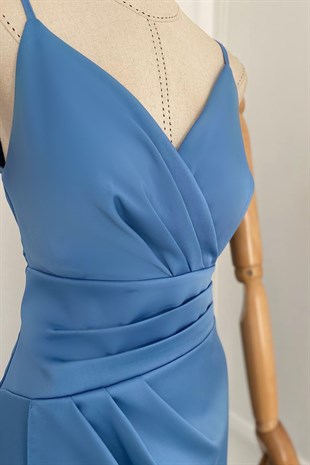 G0269 Drape Detaylı Askılı Saten Elbise Mavi
