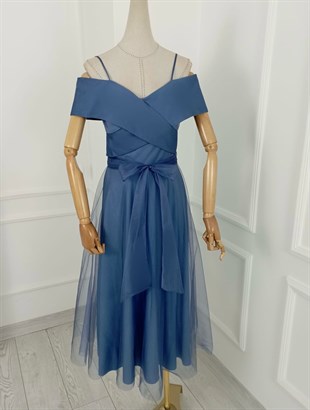 G0277 Askılı Tül Tasarım Elbise İndigo