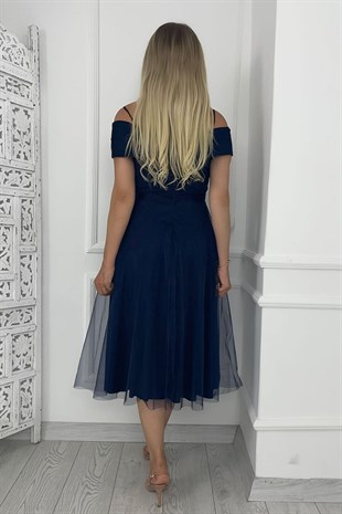 G0277 Askılı Tül Tasarım Elbise Lacivert