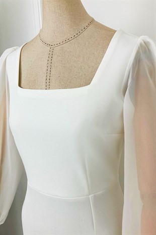 M1990 Kare Yaka Şifon Kollu Elbise Beyaz