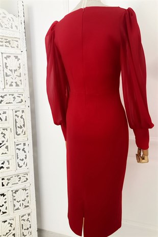 M1990 Kare Yaka Şifon Kollu Elbise Kırmızı